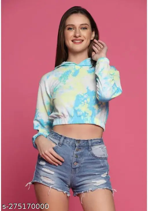 Stretchable tie-dye printed Western short top for ladies, hoodie neck, casual and travel-friendly