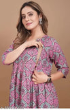 Pink Rayon Maternity Anarkali Kurta with concealed zippers for easy breastfeeding access