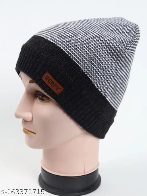 Textured one-size Lycra beanie, solid woolen cap for men, handcrafted in India