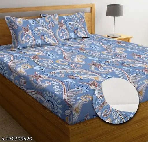 New blue TARAIN Collection premium cotton-blend elastic king size fitted bedsheets with 2 pillow covers, floral pattern, ideal for adults and summers, machine washable, made in India (72x78+10 inches)