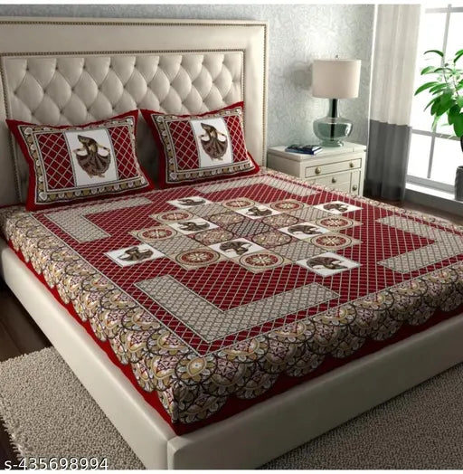 Red cotton elastic bedsheets with ethnic motifs, perfect for adults in heavy winter, double queen size, country of origin: India