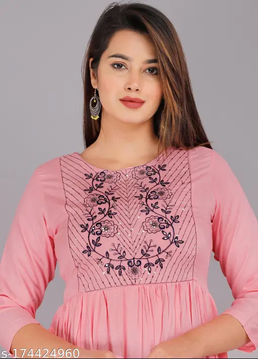 Rayon embroidered GS PINK Matka three-quarter sleeve kurti in multiple sizes, from S to 5XL