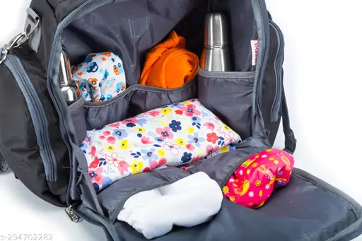 Black multipurpose diaper bag by VParents, features 11 pockets for mom essentials