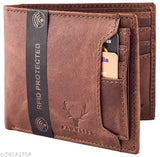 Brown genuine leather mens wallet, solid pattern with 7 card slots, 1 transparent window, 2 secret pockets, 2 currency compartments, and coin pocket. Made in India