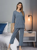Blue cotton printed night suits set for women, long-sleeved pyjamas in Indian cotton cambric fabric