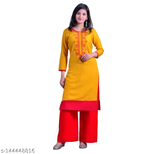 Rayon embroidered kurta set with palazzo bottoms, printed net design on three-quarter sleeves. M-5XL sizes available for women. Made in India
