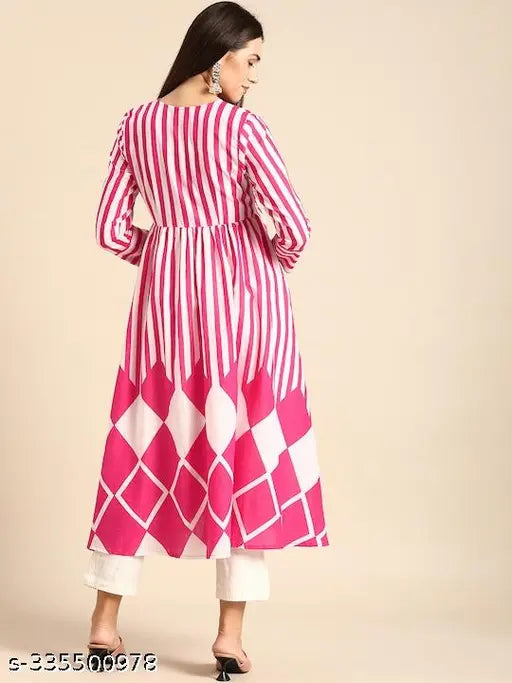 Rayon printed Anarkali Gown, three-quarter sleeves, pink check pattern with mirror work - Indian fashion for women and girls, machine washable