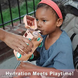 Blue Tritan bus-shaped water bottle for kids, BPA-free with lock and straw, leakproof design, peach color, 500ml capacity, portable and easy to clean