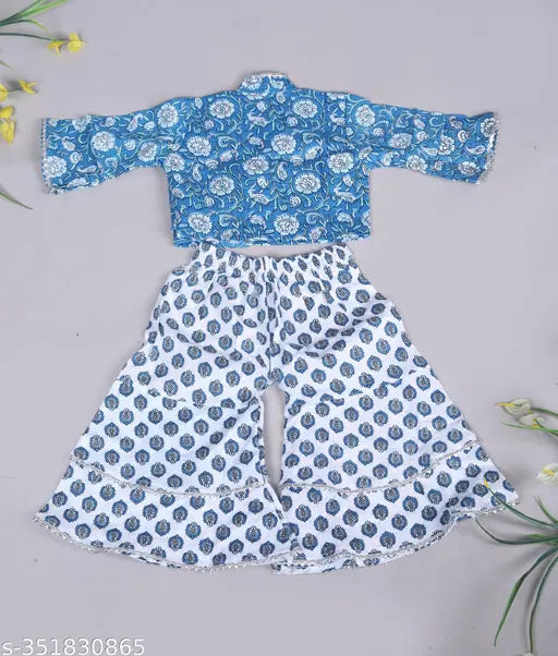 Blue cotton floral printed top & sharara set for kids girls (BLUE), multi-colored, sleeveless dress set by Spack Jerrow