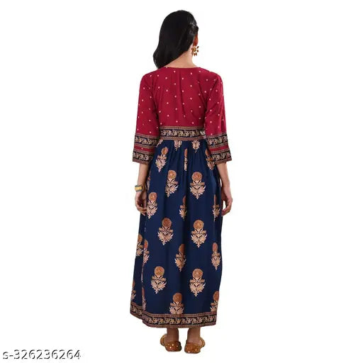 Gold polka print rayon Anarkali kurti for women's party wear, three-quarter sleeves, trendy and stylish Indian ethnic fashion