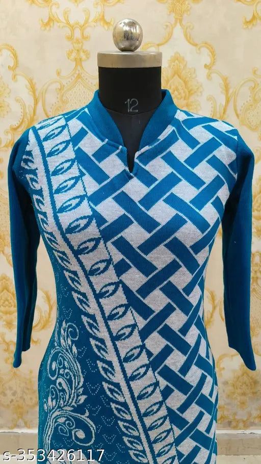 Fancy blue woolen kurti set with leggings, long sleeve, printed net pattern, suitable for S-XL sizes, Indian handcrafted clothing