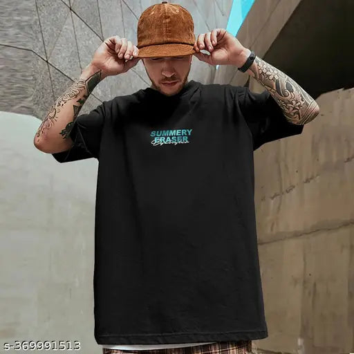 Black cotton blend men's round t-shirt with eye-catching back print, short sleeves, L or XXL size, made in India