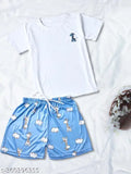 Giraffe print polycotton t-shirt, silk blend pyjamas and shorts sleepwear set with drawstring elastic waistband, India