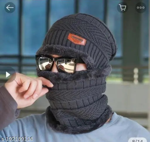 Trendy black fleece-lined wool beanie cap with matching neck scarf for men, warm winter accessory from India