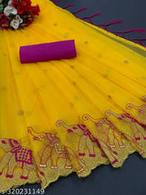 Beautiful multi-thread embroidered saree with elephant design, soft super net fabric and separate dupion silk blouse, off-white, mustard yellow, black, steel gray, sky blue colors