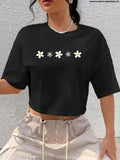 Black cotton crop top with flower-half sleeves, casual round neck, drop-down shoulder, and loose fit – perfect for women's and girls' athleisure wear
