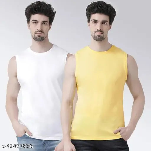 White cotton solid t-shirt for men, sleeveless, round neck, 2 pieces in sizes S-XXL. Men's fashionable attire made in India