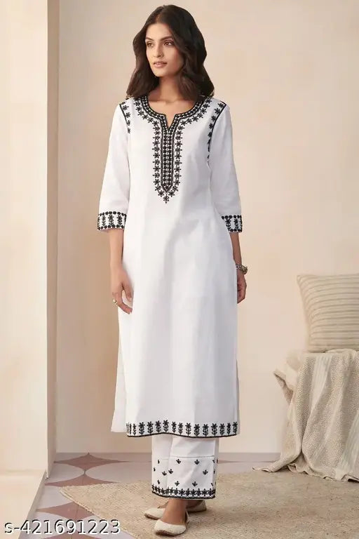 Trendy cotton blend kurta sets with rayon palazzos, solid color for women, three-quarter sleeves