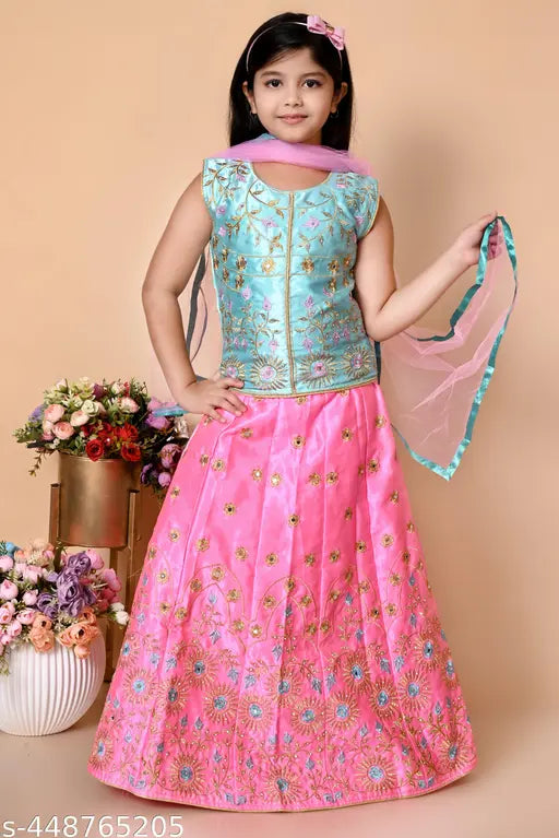 Chanderi silk kids lehenga choli set with net dupatta, embroidered patterns on 1-7 years sizes, Indian traditional clothing