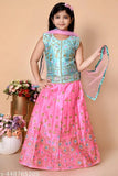 Chanderi silk kids lehenga choli set with net dupatta, embroidered patterns on 1-7 years sizes, Indian traditional clothing