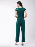 Green polyester v-neck jumpsuit with sequin panel, short sleeves, zipped closure, & side pockets - Miss Chase Women's solid style