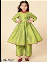 Kids girls Rayon anarkali Kurti Set with palazzos, solid pattern, three-quarter sleeves. 5-6 Years size: top length 26 in, bottom length 24 in, made in India