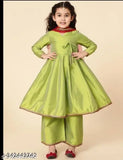 Kids girls Rayon anarkali Kurti Set with palazzos, solid pattern, three-quarter sleeves. 5-6 Years size: top length 26 in, bottom length 24 in, made in India