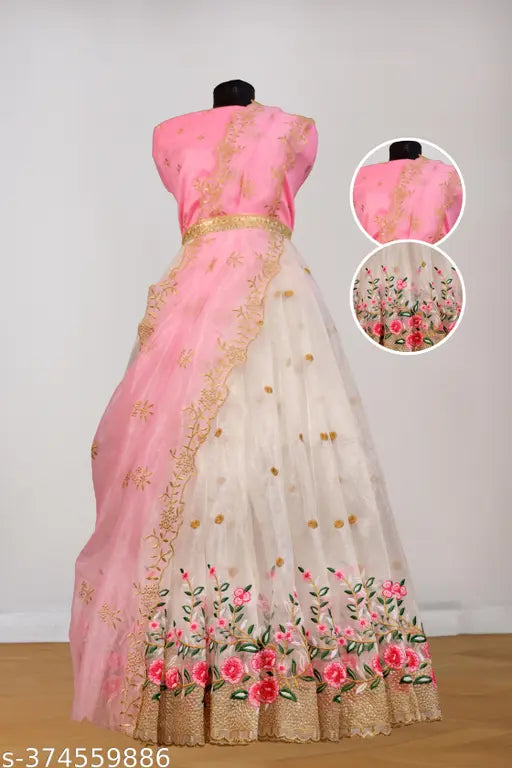 Attractive dupion silk lehenga with net bottom and embroidered patterns, free size, Indian origin