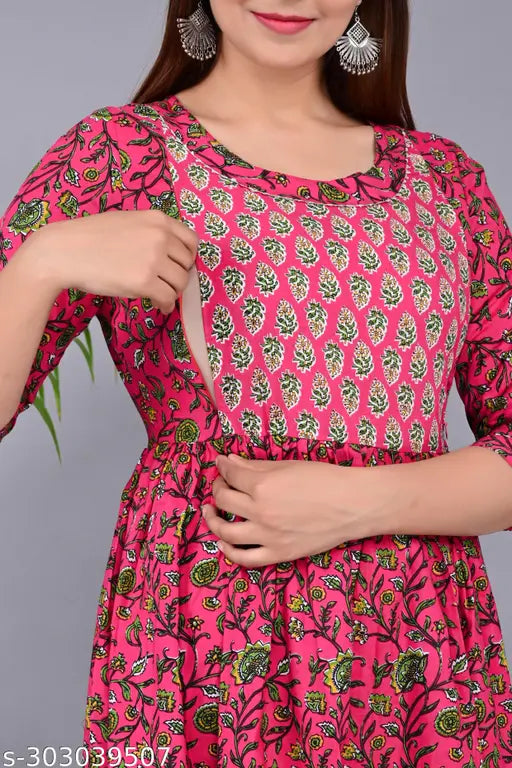 Women's cotton feeding zip Anarkali maternity kurti, three-quarter sleeves, printed, easy breastfeeding access