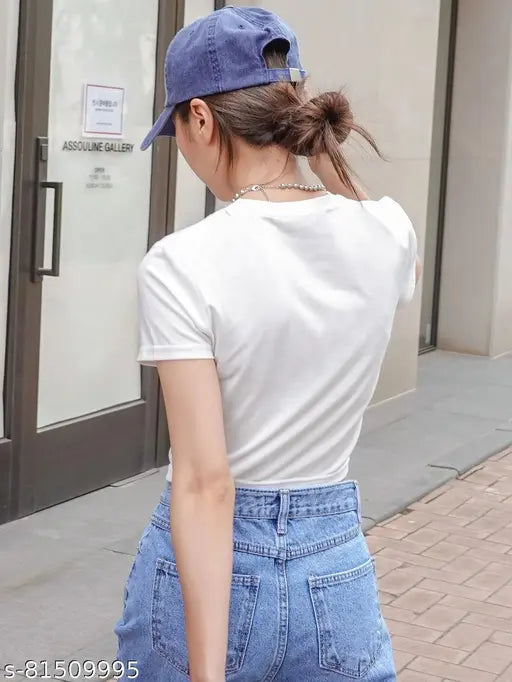 White cotton crop tee, half sleeve design with printed motif, women's top from Istyle Can collection, quirky casual wear for ladies