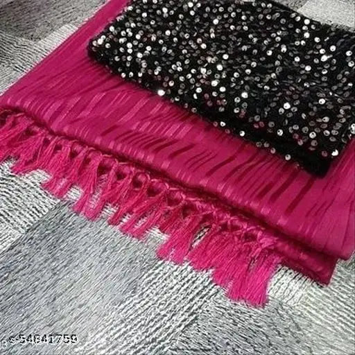 Georgette pink stripe saree with sequence net blouse, free size Indian fashion