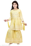 Girls ethnic wear set, A-line palazzos with embroidered top and long sleeves, cotton quality in various sizes for 4-12 years old. Indian traditional clothing on display