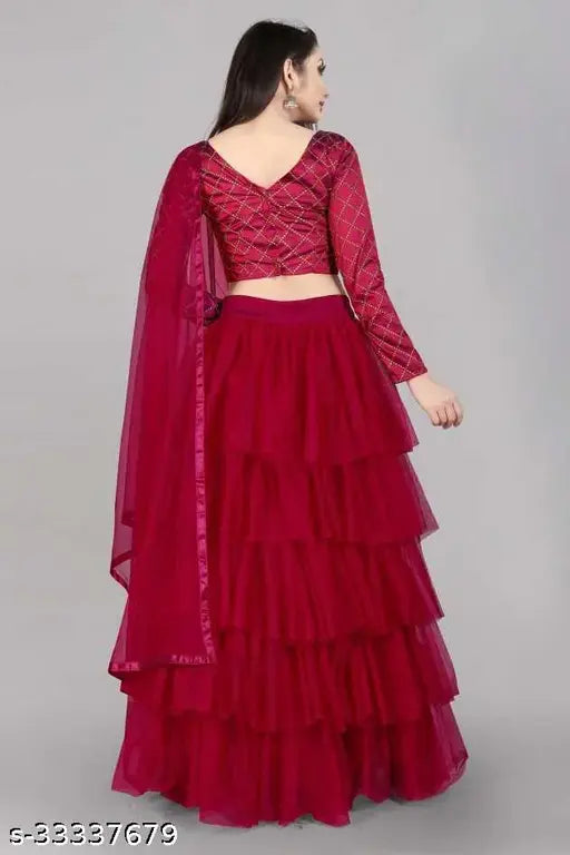 Embroidered net lehenga set with choli and dupatta, ruffle bottom and lace dupatta. Free size (waist 45in, length 45in, dupatta 2m). Indian traditional women's topwear