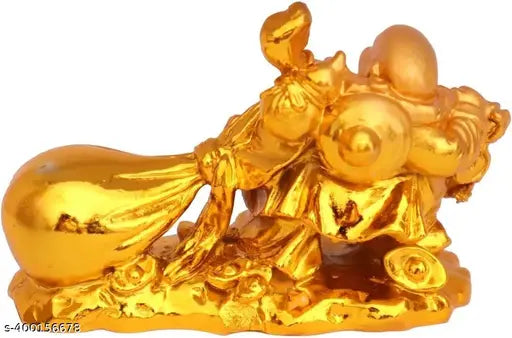 Gold resin Vastu Feng Shui Laughing Buddha potli, enhancing wealth and good fortune for home office or desk decor