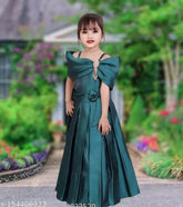 Green cotton blend ethnic long frock dress for girls, perfect for parties or special occasions