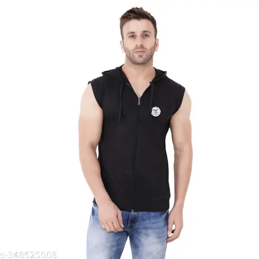 Black cotton blend sleeveless hooded t-shirt from Blisstone, solid black design, perfect for casual wear