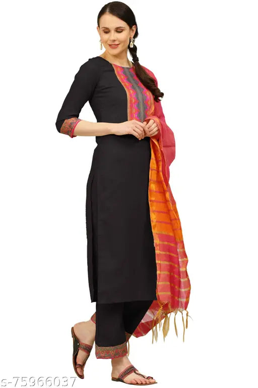 Cotton printed straight Laayna kurta set with palazzos, three-quarter sleeves, black pattern on Indian fabric