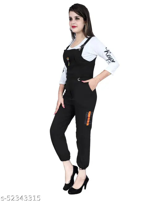 Black cotton dungaree jumpsuit for women, trendy fashionable print with three-quarter sleeves, suitable for party and casual wear (size M: Bust 34in, Length 20in, Waist 28in; size L: Bust 36in, Length 20in, Waist 30in), made in India