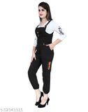 Black cotton dungaree jumpsuit for women, trendy fashionable print with three-quarter sleeves, suitable for party and casual wear (size M: Bust 34in, Length 20in, Waist 28in; size L: Bust 36in, Length 20in, Waist 30in), made in India