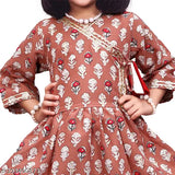 Orange printed anarkali kurta set with sharara pants for girls aged 12 months to 8 years, pure cotton, made in India