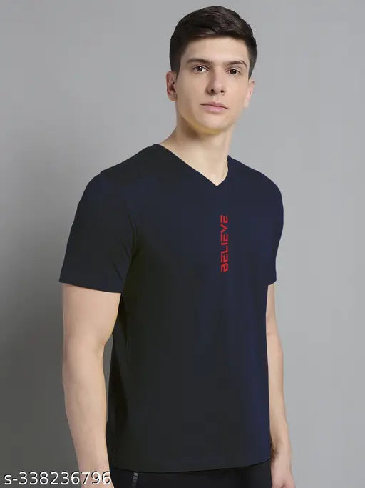 Navy Blue Cotton V-Neck Half Sleeve T-Shirt for Men, regular fit and solid color, ideal for casual wear or athletic activities. Made in India