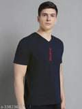 Navy Blue Cotton V-Neck Half Sleeve T-Shirt for Men, regular fit and solid color, ideal for casual wear or athletic activities. Made in India