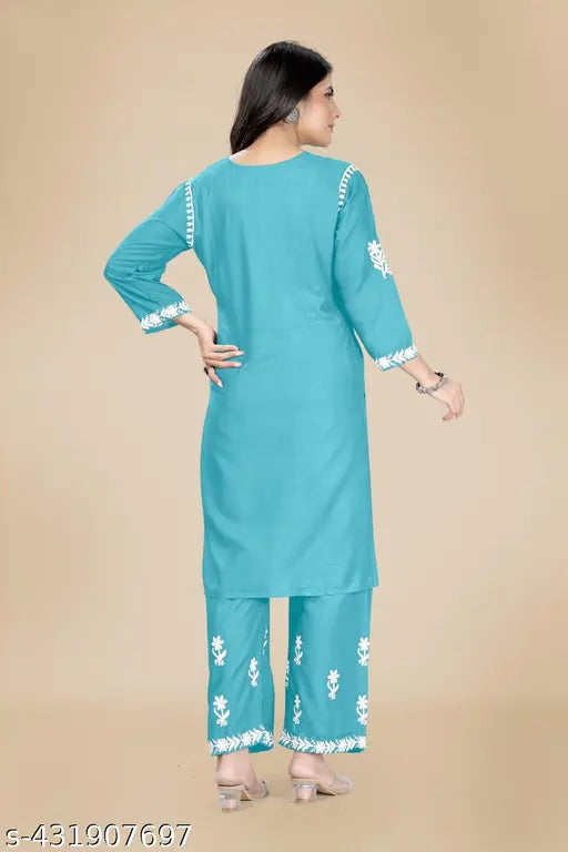 Embroidered Rayon Kurta Palazzo Set, three-quarter sleeves, Gopinath Weaves Exclusive, Indian ethnic wear for women