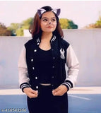 Black fleece varsity bomber jacket with NY patch, solid design, long sleeves, for women and girls (India)