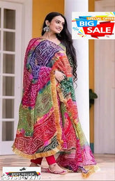 Long georgette gown with dyed/washed net, long sleeves, and dupatta. Traditional Indian designer gown for women in M, L, XL, XXL sizes