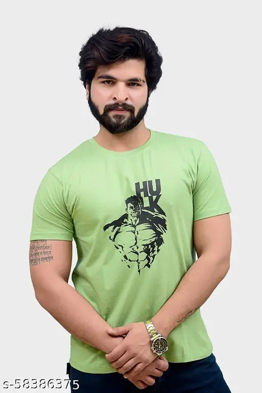 Green cotton blend Hulk half sleeve T-shirt, short sleeves, printed net design for men's regular fit clothing