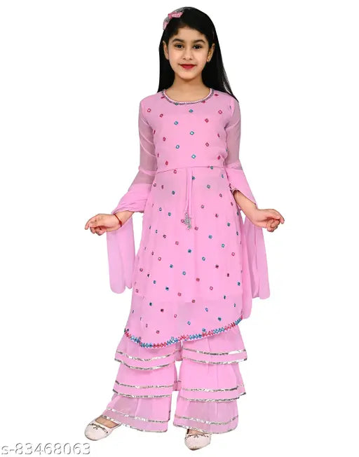 Pink Georgette frock dress for girls, embroidered net design, three-quarter sleeves, size 3-4 years (bust 22in, length 30in)