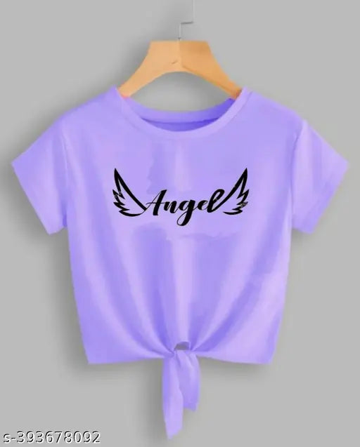 Acrylic lavender crop top with angel printed net pattern, short sleeves, size S-XL