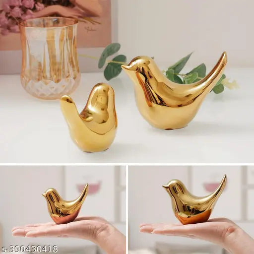 Mystical Midnight Ceramic Sparrow Sculptures (Set of Two Golden), exquisite home decor accents for any style, India origin