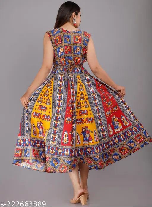 Multicolored cotton printed midi dress for women, flared sleeveless round neck style - vibrant mandala design, pack of 2 (free size)